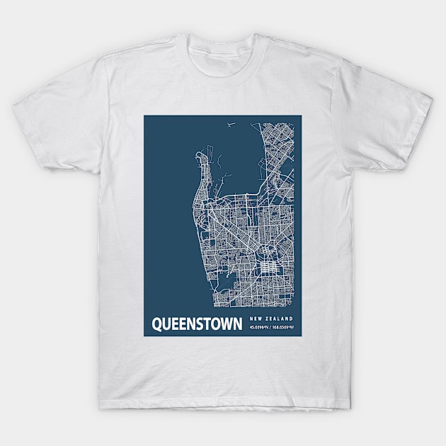 Queenstown Blueprint Street Map, Queenstown Colour Map Prints T-Shirt by tienstencil